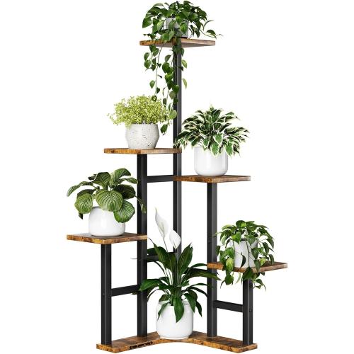 Corner Plant Stand Indoor, 6 Tiered Corner Plant Shelf Flower Stand for Multiple Plants, Plant Shelves Organizer Rack for Living Room, Balcony, Patio, Garden, Square Rustic Brown