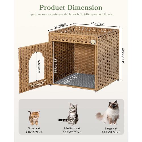 18.5 x 20.5 x 19.1 Cat Litter Box Enclosure Furniture, Hidden Litter Box with Mat and Fence, Handwoven Rattan Cat House with Two S-Shaped Hooks for Living Room, Bedroom, 18.5 x 20.5 x 19.1 Inches (Natural)