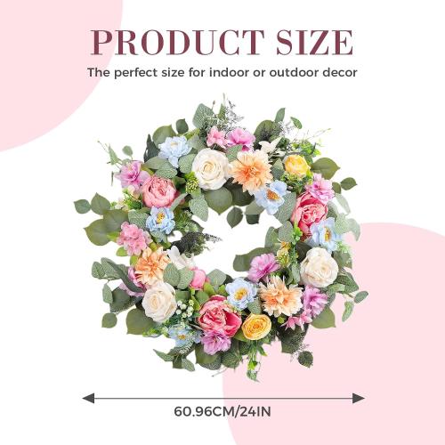 Spring Wreaths for Front Door,Summer Wreath with Peony Rose and Dahlia Flowers,24 Inch Floral Door Wreath for All Seasons Outside Outdoor Indoor Wall Wedding Holiday Home Decor