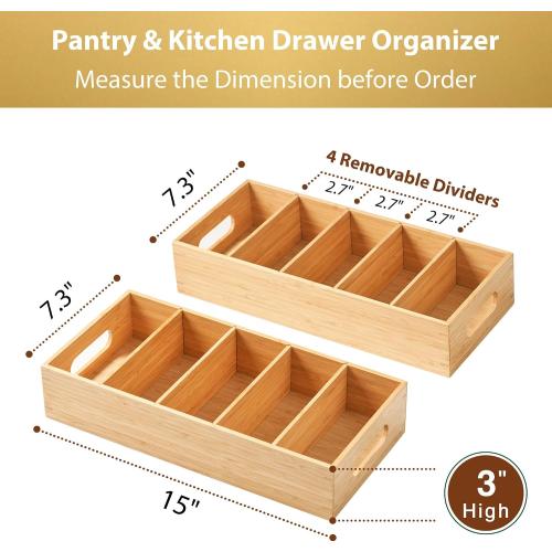 Umilife Large Bamboo Pantry Organizers and Storage Bins with Removable Dividers, Kitchen Drawer Cabinet Countertop Organization for Snack, Spice Packets, Teabags, Seasoning Pouches (2 Pack)
