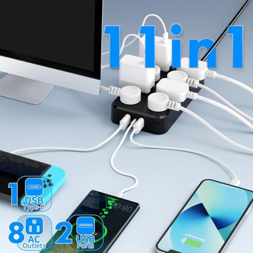 QIYUAN Outdoor Power Strip Weatherproof Waterproof 8 Outlet 3 USB 6FT | Outdoor Extension Cord with Multiple Outlets, Wall Mountable Outlet Extender Heavy Duty 13A for Patio Garden RV Christmas
