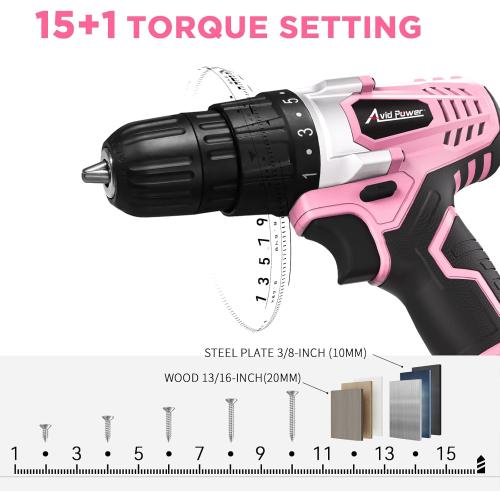 AVID POWER 20V MAX Lithium lon Cordless Drill Set, Power Drill Kit with Battery and Charger, 3/8-Inch Keyless Chuck, Variable Speed, 16 Position and 22pcs Bits (Pink)