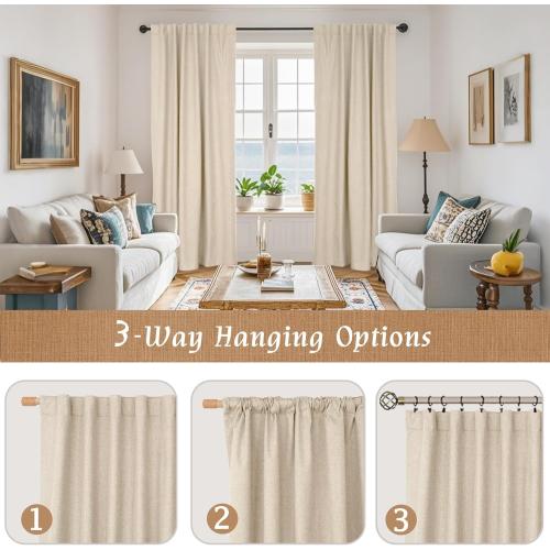 LAMIT 100% Blackout Natural Linen Curtains, 72 Inches Linen Textured Thermal Bedroom Curtains Back Tab and Rod Pocket Neutral Panels with White Liner for Farmhouse, 2 Panels, 52 x 72 Inch