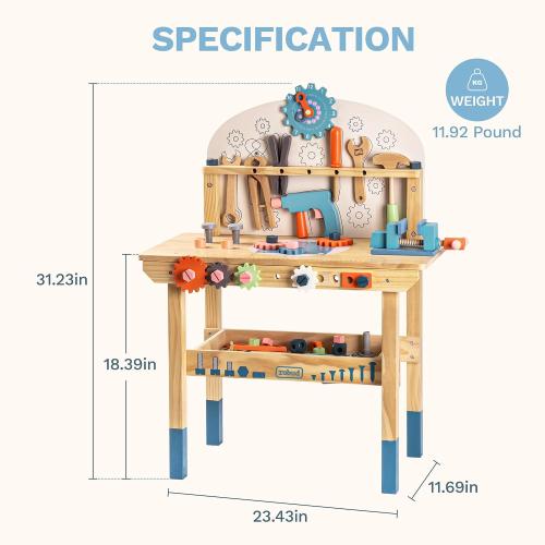Toywood Large Wooden Play Tool Workbench Set for Kids Toddlers, Construction Workshop Tool Bench Toys Gift, Multicolor