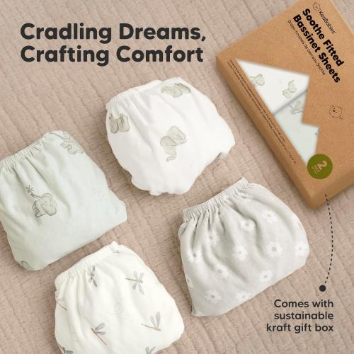 2-Pack Organic Bassinet Sheets for Girls, Boys - 100% Cotton Bassinet Mattress Sheets Compatible with Halo Bassinest Swivel Sleeper, Graco, Baby Delight, Chicco, Unisex Fitted Bassinet Sheets (Elly)