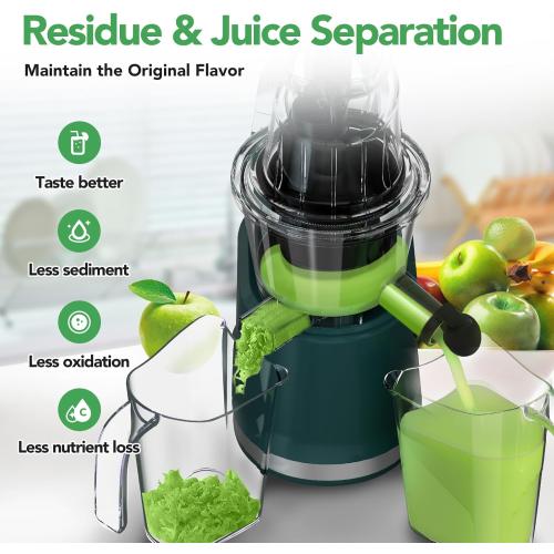 Cold Press Juicer,Aeitto Slow Masticating Juicer with Wide & Dual Feed Chute for Vegetables and Fruits, High Juice Yield, Self Feeding for Juice Extractor, BPA-Free, Dark Green