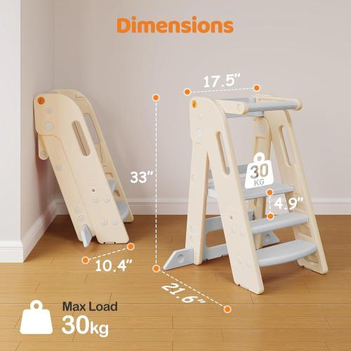 Onasti Foldable Toddler Tower Kitchen Stool Helper, Adjustable Height Learning Standing Tower with Safety Rail, Anti-Slip Steps, Kids Step Stool for Kitchen Counter and Bathroom Sink-Grey ‼️could be missing or broken pieces ‼️