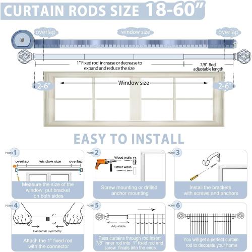 Size 18-69 Color White Decorative Farmhouse Curtain Rod:18-60Adjustable Heavy Duty Single Window Curtain Rod for Bedroom Living Room,Antique White Boho Rustic Drapery Rods with Vintage Twist Finial Easy Install