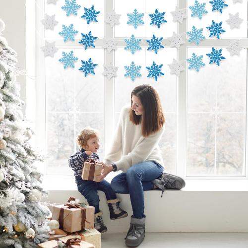 Whaline 4Pcs Snowflake Felt Banner WHITE PINK AND DARK PINK  Snowflake Garland Winter Bunting Garland for Christmas Winter Holiday Hanging Decoration