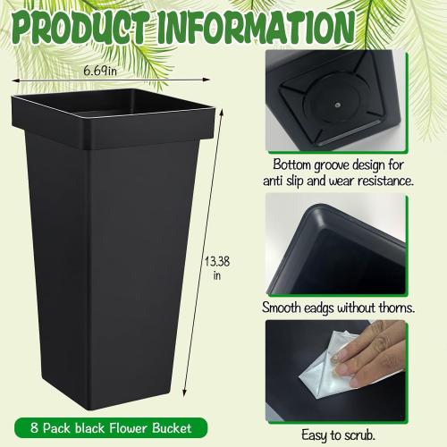 8 Pack Flower Buckets for Cut Flowers 13.4 Inch Plastic Floral Buckets Modern Square Vases for Centerpieces Display Decorative Plastic Vases for Home Office Wedding Decorations-Black