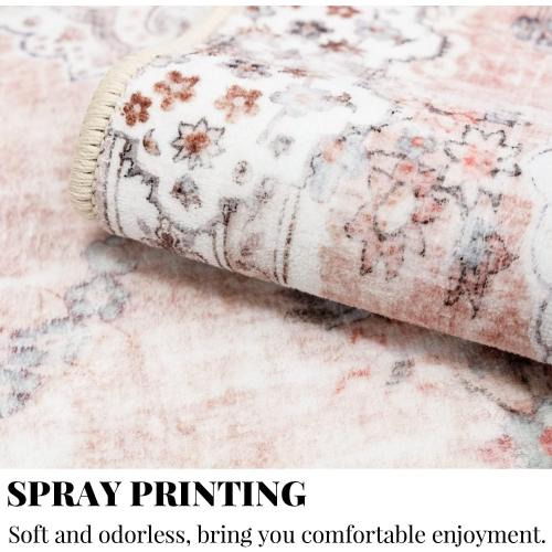 MUJOO Pink Rug 3x5 Washable,Boho Area Rugs Small Non Slip Low-Pile Floral | Machine Washable Throw Carpet for Entryway Bedroom Bedside Kitchen Hallway Living Room Soft Indoor Flowers Light Blush