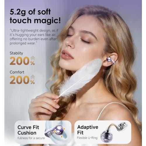 King Lucky Clip-On Earbuds Gen 3, Open-Ear Wireless Bluetooth 6.0 Headphones with Mic, Secure Fit for Small Ears & Glasses Wearers, 50H Playtime, ENC, IPX5 Waterproof Sport Ear Buds (Purple)