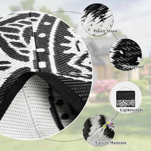 famibay Round Outdoor Rugs for Patios 5 Ft Round Outdoor Rug Waterproof Round Patio Rug Outdoor Plastic Straw Rug Lightweight Boho Outdoor Carpet Mats for Patio Backyard Camping Porch(Black/White)‼️cut outside on the small black bag‼️