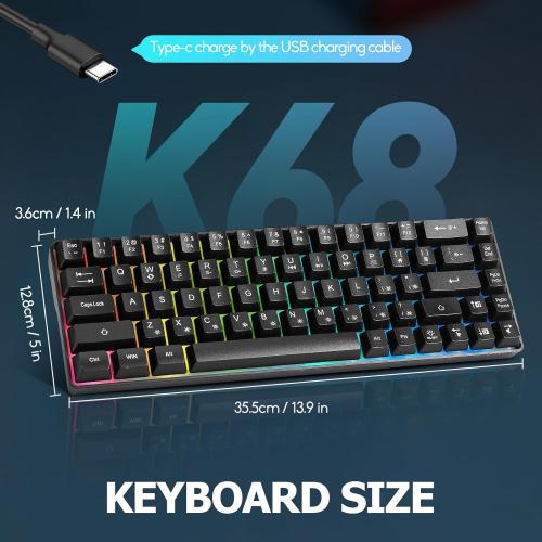 Guiheng Wired Portable 60% Mechanical Feeling Gaming Keyboard,RGB LED Backlit Compact 68 Keys Mini Wired Office Keyboard with Red Switch for Windows Laptop PC Mac - Black