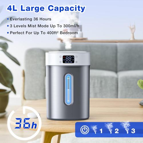 Stainless Steel Humidifier for Bedroom & Large Room,4L Easy to Clean Cool Mist Humidifier, Mold Free & Dishwasher Safe Water Tank, Essential Oil Diffuser for Baby Nursery, Plants, Home