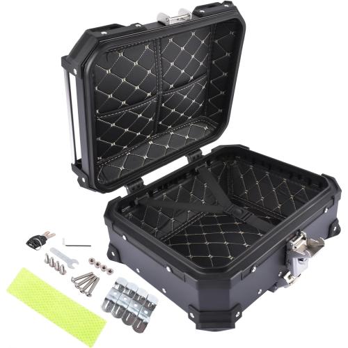 25L Motorcycle Top Case Aluminum Motorcycle Trunk Tour Tail Box with Security Lock for Storage of Luggage Waterproof Motorbike Top Case, black