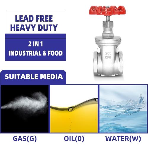 2 NPT Stainless Steel Gate Valve, Heavy Duty Female x Female Thread Manual Rotary Sluice Valve with Wheel Handle for Water, Oil, Gas, Industrial Plumbing, and HVAC Systems (2, DN50)