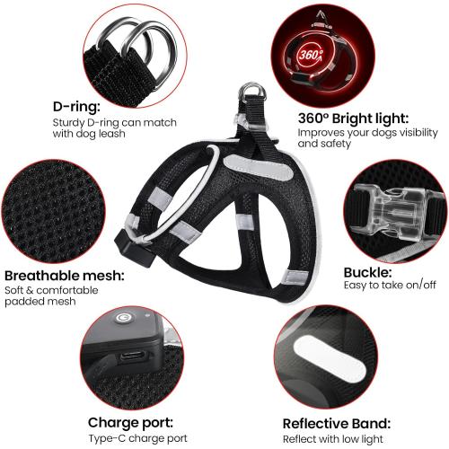 Size M-L PceoTllar Light Up Dog Harness, LED No Pull Reflective Dog Harness, Flashing Lighted for Night Walking , (Black Red,)