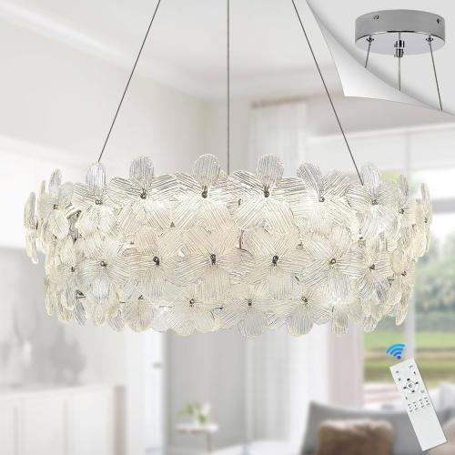 32'' Flower LED Chandelier Large Luxury Crystal Light Fixture Chrome Dimmable Modern Chandeliers Light with Remote Control for High Ceiling Foyer Living Room Bedroom Entryway(3000K-6500K)