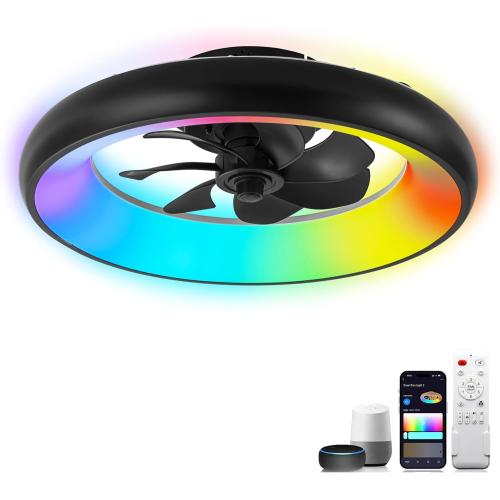 Low Profile Ceiling Fans with Lights, Dimmable Smart RGB Ceiling Fan With Alexa/Google Assistant/App/Remote Control, 6-Speeds Reversible Black LED Ceiling Fan for Bedroom Kitchen Foyer