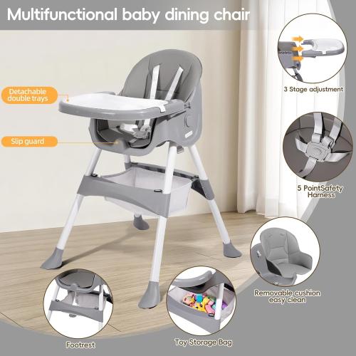 Baby High Chair, 6 in 1 Convertible High Chairs for Babies and Toddlers, Toddler Feeding Chair with Double Removable Tray, Adjustable Footrest & Machine Washable Cushion（Light Gray）