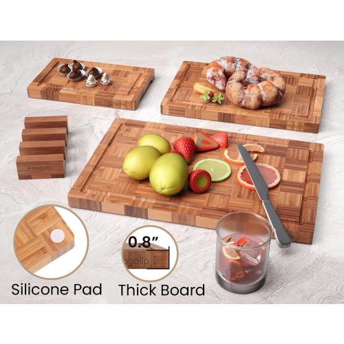 Fibogollo Set of 3 Bamboo Kitchen Cutting Boards with Juice Groove | Chopping Boards Set,End Grain Bamboo Butcher Block with Storage Stand,Serving Board and Charcuterie with Holder
