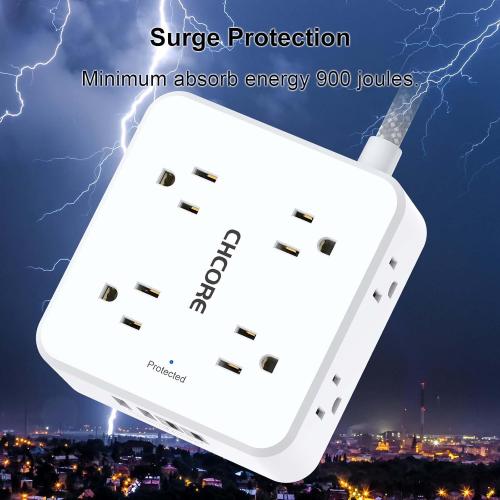 Surge Protector Power Strip - CHCORE 10 Ft Braided Extension Cord with 8 Outlets with 4 USB (2 USB C) Charging Ports, Flat Plug Multi Plug Outlet Extender Charging Station for Home Office, ETL, White