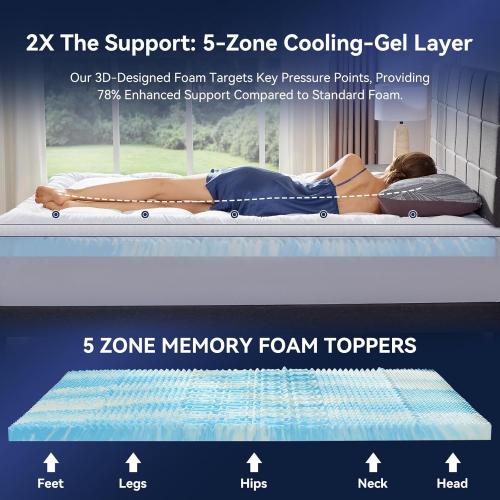 King Size Dual Layer 4 Inch Memory Foam Mattress Topper, 2 Inch Cooling Gel Memory Foam and 2 Inch Soft Pillow Top Mattress Pad Cover for Back Pain Relief, with Elastic 21 Deep Pocket