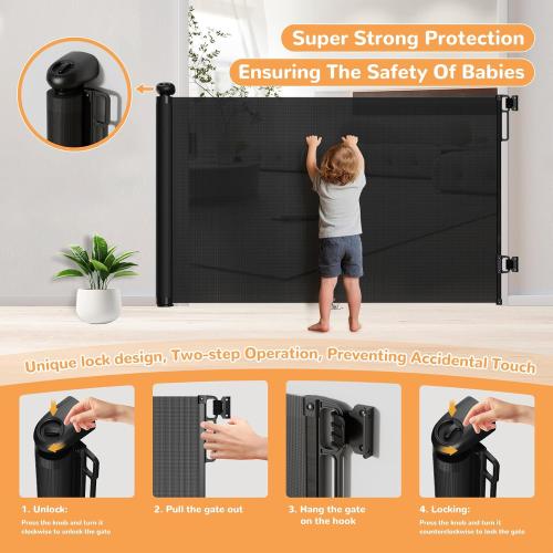 Retractable Baby Gate for Stairs - 34 Tall Extends to 55 Wide Mesh Baby Gate with Anti-Crawling Hook, Adjustable Baseboard Bracket, Pet Gate for Doorways, Hallways, Indoor, Black