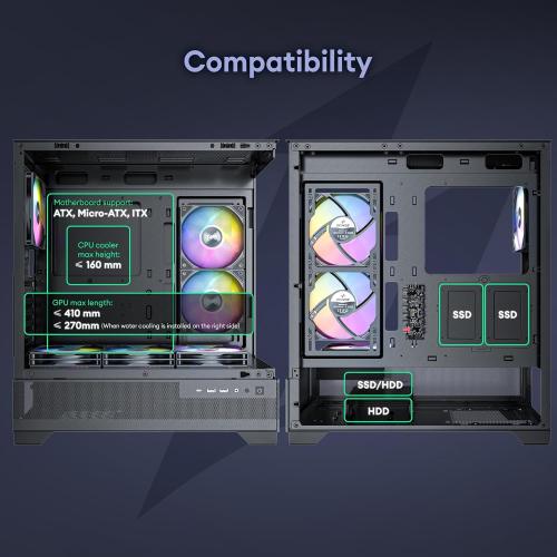 Okinos Aqua 7, Pre-Installed 6 × 120mm PWM ARGB Fan, ATX Mid Tower PC Case, Computer case with Panoramic View Tempered Glass Front & Side Panel, Type C Port, Gaming PC Case, Black