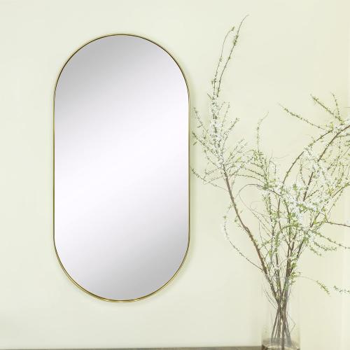 TEHOME Brushed Gold Oval Bathroom Mirror 20x40'' Pill Shaped Oblong Vanity Mirror Metal Framed Capsule Mirror for Wall in Stainless Steel Rounded Mirrors for Wall Mounted