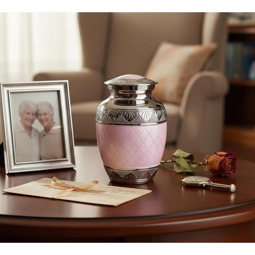 eSplanade Metal Cremation Urn Memorial Jar Pot Container | Medium Size Urn for Funeral Ashes Burial | Engraved Metal Urn | Pink - 6 Inches