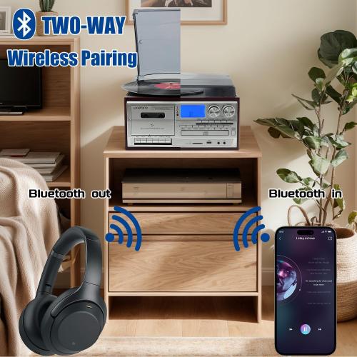 LoopTone Vinyl Record Player 10 in 1 3 Speed Bluetooth Vintage Turntable CD Cassette Player AM/FM Radio USB Recorder Aux-in RCA Line-Out (Red-Silver)