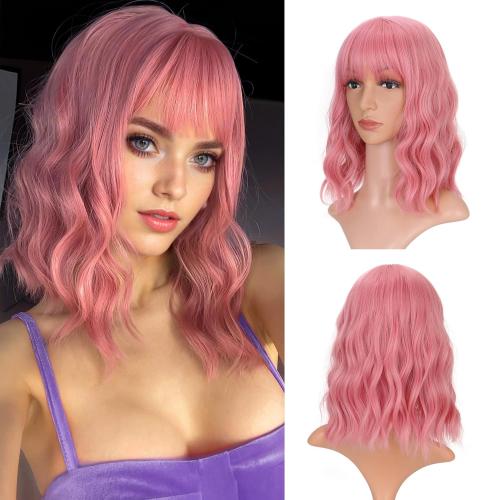 14 Pink VCKOVCKO 14Inches Loose Wave Bob Wig Wavy Pink Bob Wig with Air Bang Curly Hair Wigs Synthetic Cosplay Party Wigs for Women (14Inches,Solid Pink)