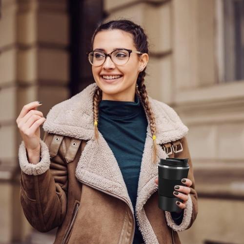 12oz Travel Mug for Car with Leakproof Lid, Coffee Cup Insulated Double Walled Vacuum Stainless Steel Travel Tumbler for Keep Hot & Ice Coffee Tea Beer (Black)