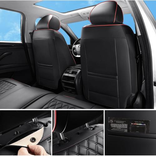BLACK AND RED Car Seat Covers Full Set, Luxury Faux Leather Car Seat Covers Waterproof Non-Slip Seat Protector Universal Fit for Most Cars SUVs Trucks Pick-ups,Black Red Car Accessories Interior