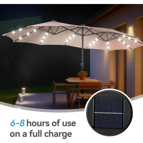 GREEN PARTY 15 ft Rectangle Patio Umbrella with Solar Lights and Base Included, Double-Sided Market Table Umbrella with Crank, Large Outdoor Umbrellas for Patio Poolside Garden Backyard, Beige