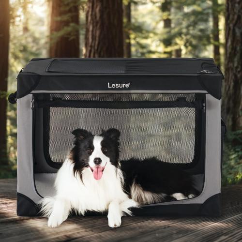 Lesure Soft Collapsible Dog Crate - 36 Inch Portable Travel Crate for Large Dogs Indoor & Outdoor, 4-Door Foldable Pet Kennel with Durable Mesh Windows, Black