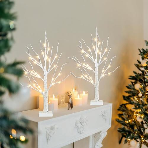 PEIDUO Christmas Decorations Indoor, 2 FT Birch Tree with LED Lights, Fairy Light Spirit Tree for Christmas Decor, Warm White Lighted Birch Trees for Home Decor Indoor, Battery Powered, Timer (2PK)
