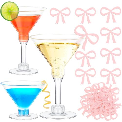 48 Pcs Party Plastic Martini Glasses Disposable with Pink Bow Drink Tag 5 oz Clear Martini Cocktail Glasses Bulk for Fall Halloween Party Wedding Birthday Wine, Desserts, Appetizers