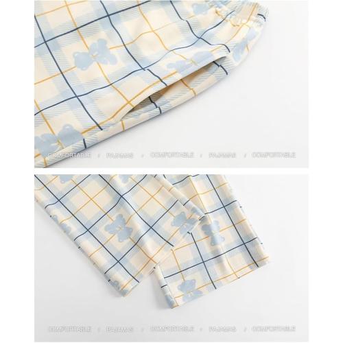 Size M...Kawaii Loungewear Women Pajamas Autumn Cute Bear Print Pajama Cotton O-neck Sleepwear Long Sleeve Plaid Pants Pjs