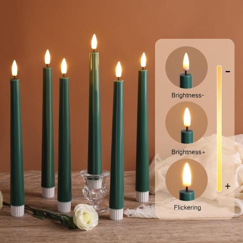 Eywamage Dark Green Flameless Taper Candles with Remote, Flickering Battery Operated LED Wax Candlesticks Set of 6