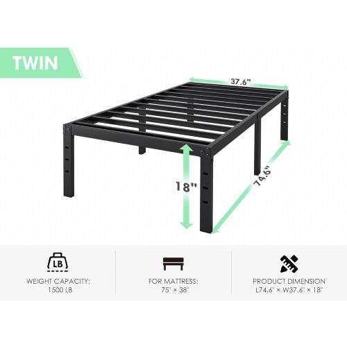 Twin Bed Frame - 18 in Sturdy Platform Bed Frame Twin Size, Heavy Duty Metal Bed Frame No Box Spring Needed, Quick & Easy Assembly, No Noise, Black
