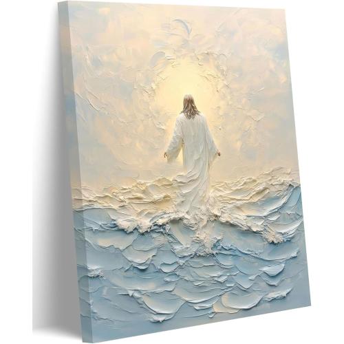 Jesus Walking On Water Canvas Wall Art Christian God Painting Wall Decor Minimalist Faith Inspirational Divine Print Poster Print Artwork for Living Foom Bedroom Christian Church Home Decoration