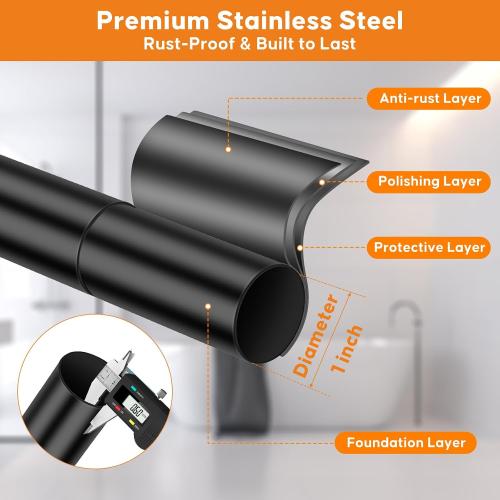 Shower Curtain Rod, 32-80 Inches Adjustable Spring Tension Curtain Rod, Stainless Steel Rust-Proof Shower Rod for Bathroom, No Drilling, Non-Slip, Black
