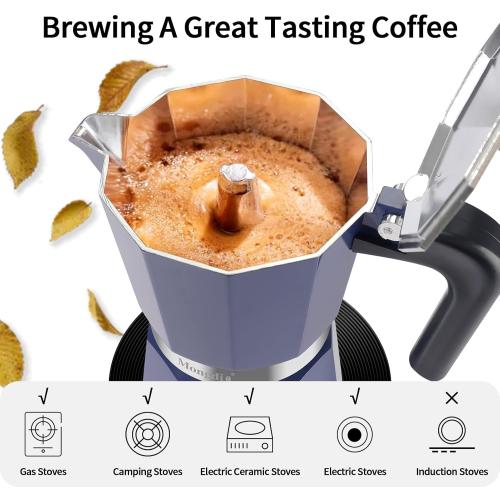 Mongdio Stovetop Espresso Maker Moka Pot, Stove Top Cuban Coffee Maker, Italian Greca Mocha Pot, 9 Espresso Cups, 15 oz - Blue