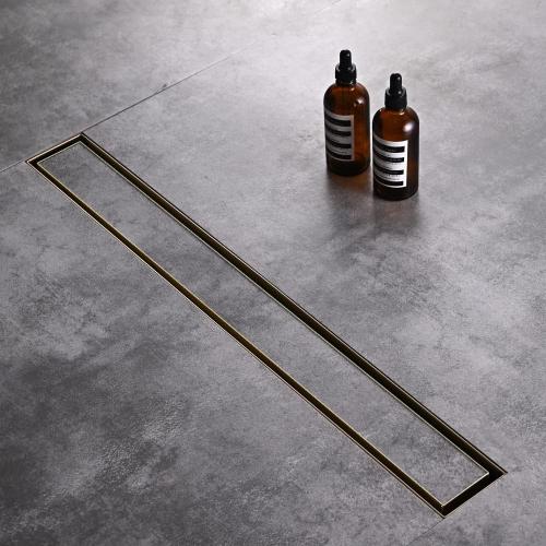 Linear Shower Floor Drain, Brushed Gold 48 Inch 304 Stainless Steel Bathroom Drains Kit, Rectangular Shower Trench Drain with Reversable Tile-in Pattern Drain Cover & Hair Catcher
