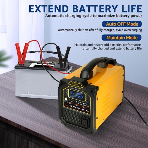 Yellow 12V 24V Car Battery Charger Heavy Duty, 0-15A Automatic Battery Maintainer, Smart Trickle Charger with Auto Shutoffs, Repair, Winter Mode, for Automotive Car Truck Motorcycle RV AGM Deep Cycle