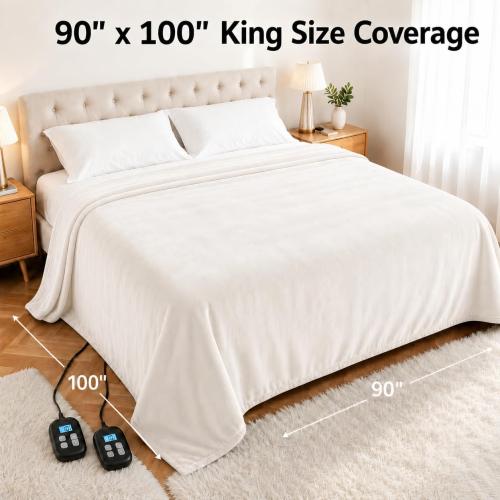 Electric Heated Blanket King Size 90 x 100, Soft Flannel for Bed, Couples, 10 Heat Settings, 1-12H Auto Shut Off, Dual Zone Controls, Overheat Protection, Machine Washable, White