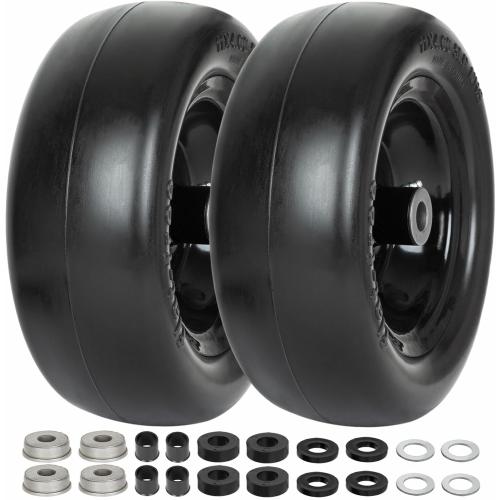 WEIZE Universal Fit 11x4.00-5 Flat Free Tire and Wheel Assembly, Zero Turn Lawn Mower Replacement Tires, 3.4-4-4.5-5 Centered Hub, 3/4 or 5/8 or 1/2Bushings, Adapter Kit included, Set of 2